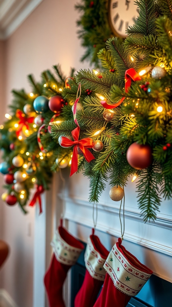 Festive Garland Decoration Ideas for Christmas A festive Christmas garland with pine branches, lights, ribbons, and ornaments on a mantel.